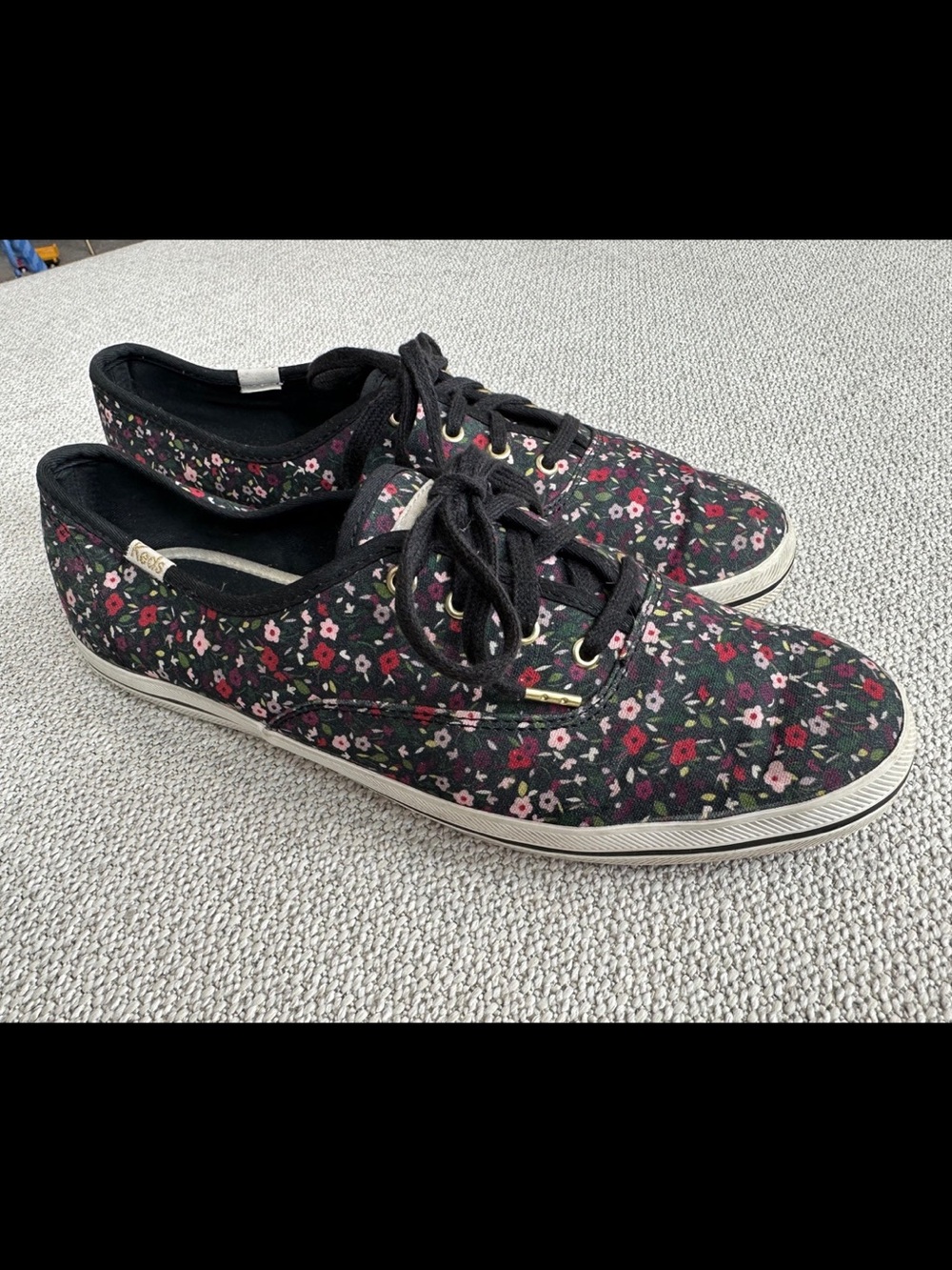 Kate Spade Keds Black Floral Canvas Sneakers with Pink and Red Accents